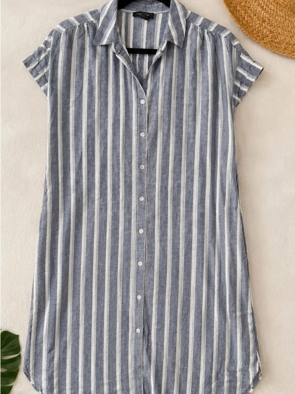 Lord & Taylor Linen Blend Blue & White Striped Shirt Dress | Linen & Viscose | - Picture 2 of 4